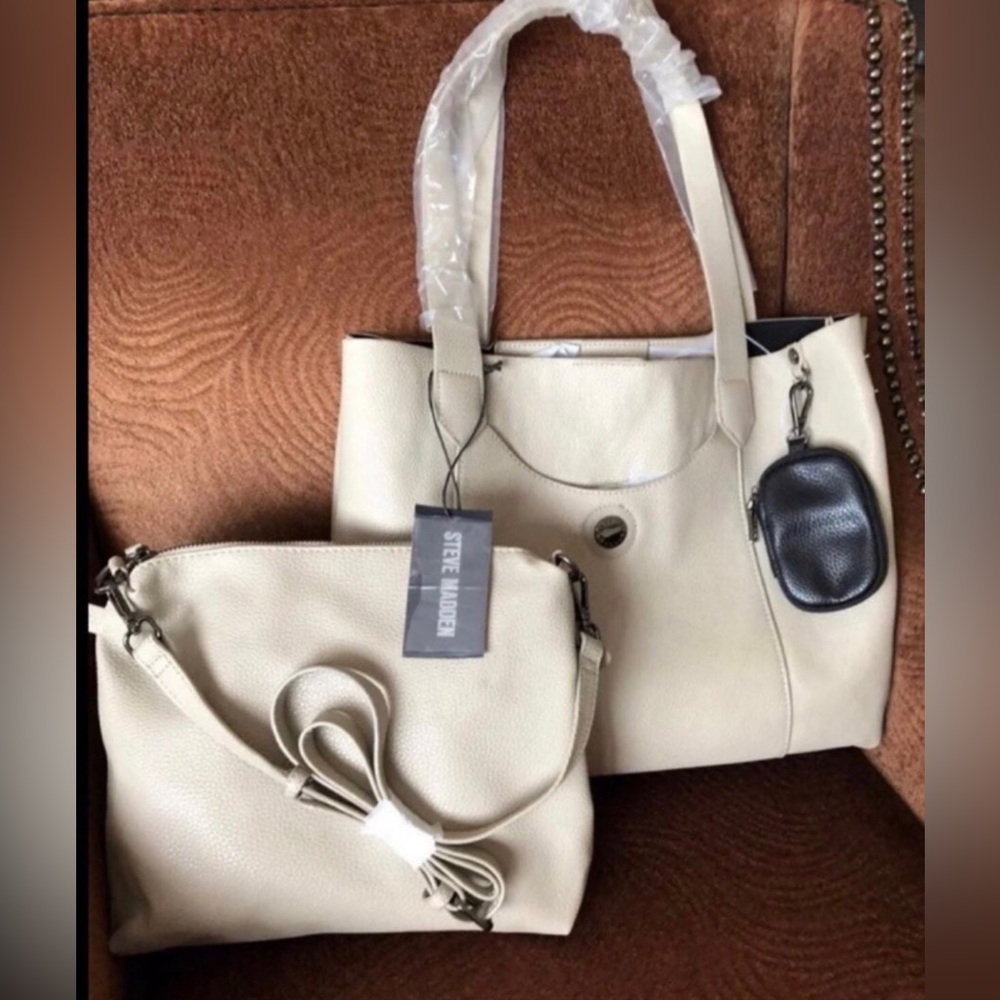 Beautiful 3pc Bundle Steve Madden Handbag Crossbody Bud Case Beige NEWwTags$98